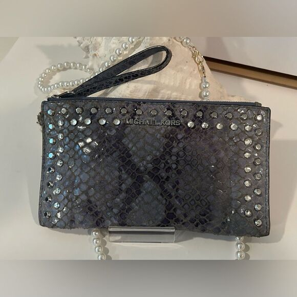 Michael Kors Blue Snakeskin Leather Studded Wristlet Clutch Wallet - Picture 5 of 11